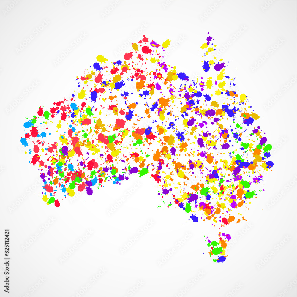 Abstract Australia map of colorful ink splashes, grunge splatters. Vector illustration