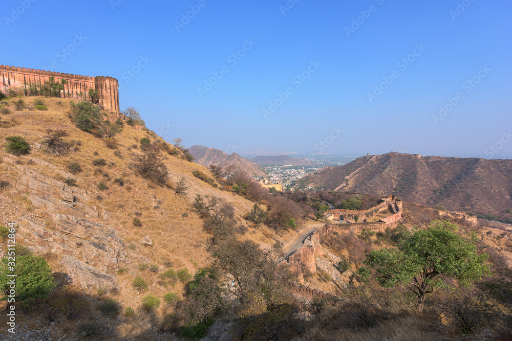 Beautiful Jaigarh Fort stands on the edge of the Aravalli Hills at Jaipur in the Indian state of Rajasthan, India.
