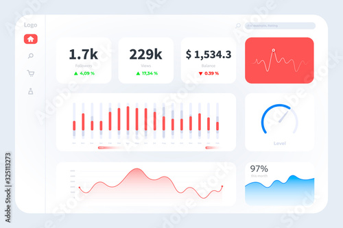 Technology user interface, ui infographics digital illustration. Admin panel panel hud diagram. Data screen with ui panel, graphs, charts. Dashboard infographics concept