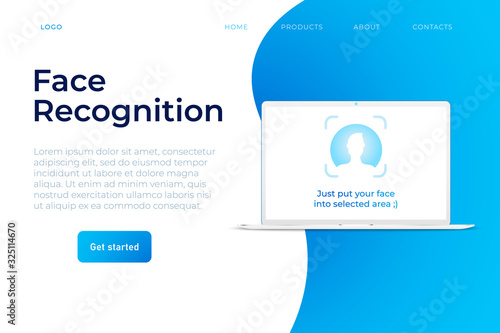 face recognition system illustration concept. white laptop with start lock screen with face identification icon. website landing page template. secure access to data
