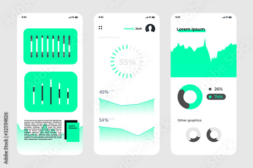 Mobile vector app design, UI concept, UX template. Statistic elements, charts, diagrams, graphics, infographic concept. Admin panel, user dashboard.