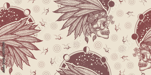 Native American indian feather headdress with human skull . Seamless pattern. Packing old paper, scrapbooking style. Vintage background. Medieval manuscript, engraving art. Warrior symbol