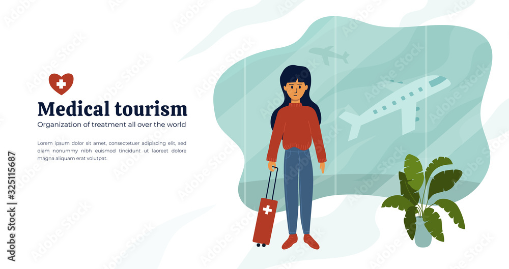 Medical tourism or insurance concept. Cute girl with luggage at airport waiting for flight for treatment abroad. Young woman standing in departure hall. Vector illustration for web page, layout, flyer Medical tourism or insurance concept. Cute girl with luggage at airport waiting for flight for treatment abroad. Young woman standing in departure hall. Vector illustration for web page, layout, flyer
