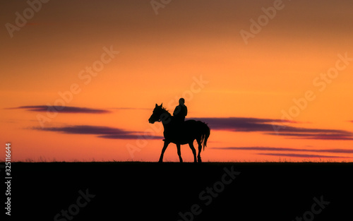 horse and rider at sunset