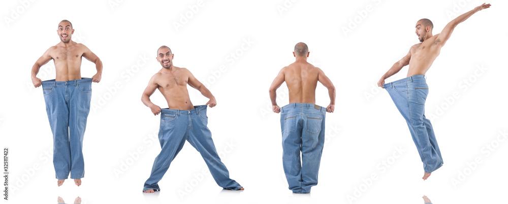 Obraz premium Man in dieting concept with oversized jeans