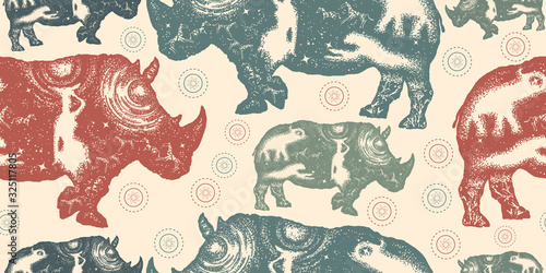 Rhinoceros. Seamless pattern. Packing old paper, scrapbooking style. Vintage background. Medieval manuscript, engraving art. Rhino double exposure. Symbol Africa, savannah, travel