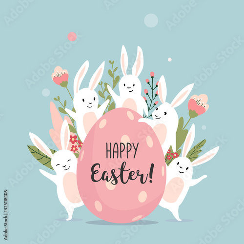 Easter card with cute bunnies and text, hand drawn vector illustration.