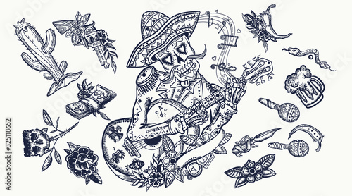 Mariachi skeleton wearing sombrero and playing guitar. Tattoo elements. Mexican art. Cactus, chilli pepper, gun, money, snake. Day Of Dead style. National culture and tradition