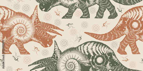 Triceratops double exposure. Seamless pattern. Packing old paper, scrapbooking style. Vintage background. Medieval manuscript, engraving art. Symbol of archeology, paleontology