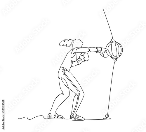 a girl in sportswear and Boxing gloves hits right hook on a leather pneumatic speed ball, vector illustration with black single contour line isolated on white background in hand drawn style