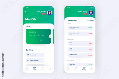 Finance app UI design concept with transaction page, credit card holder information. User banking app dashboard on phone.