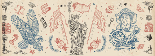 Traditional USA tattooing elements. United States of America. Patriotic art. Statue of liberty, eagle, flag, map. History and culture. Old school tattoo vector collection