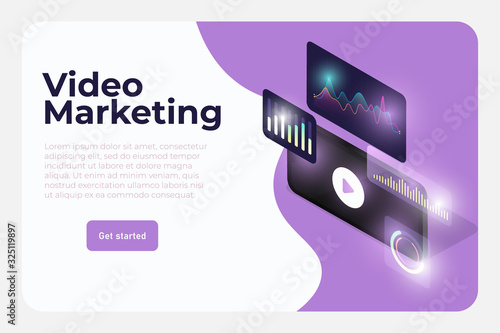 video marketing tools illustration concept. isometric 3d realistic phone with ui ux dashboard elements, statistic, graphs, diagrams, status bars. Digital marketing banner concept