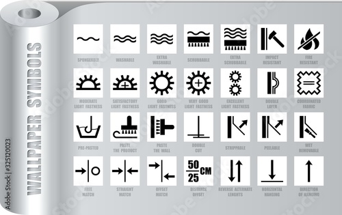 Full set of wallpapers black symbols isolated on white. Vector square icons for wall paper roll packaging. Application, usage and removal guide