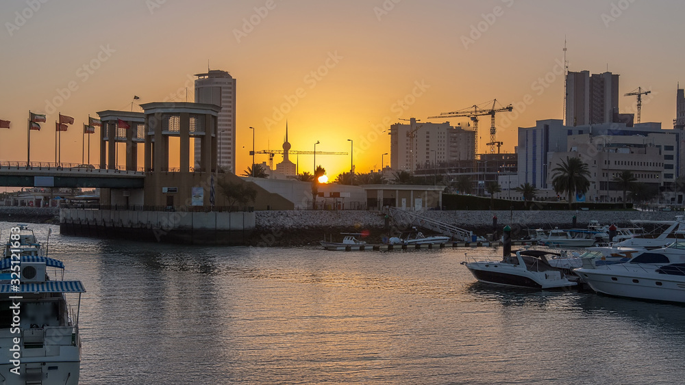 Sunrise. Yachts and boats at the Sharq Marina timelapse in Kuwait. Kuwait City, Middle East