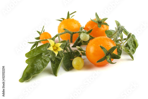 Yellow cherry tomatoes, flower and leaves