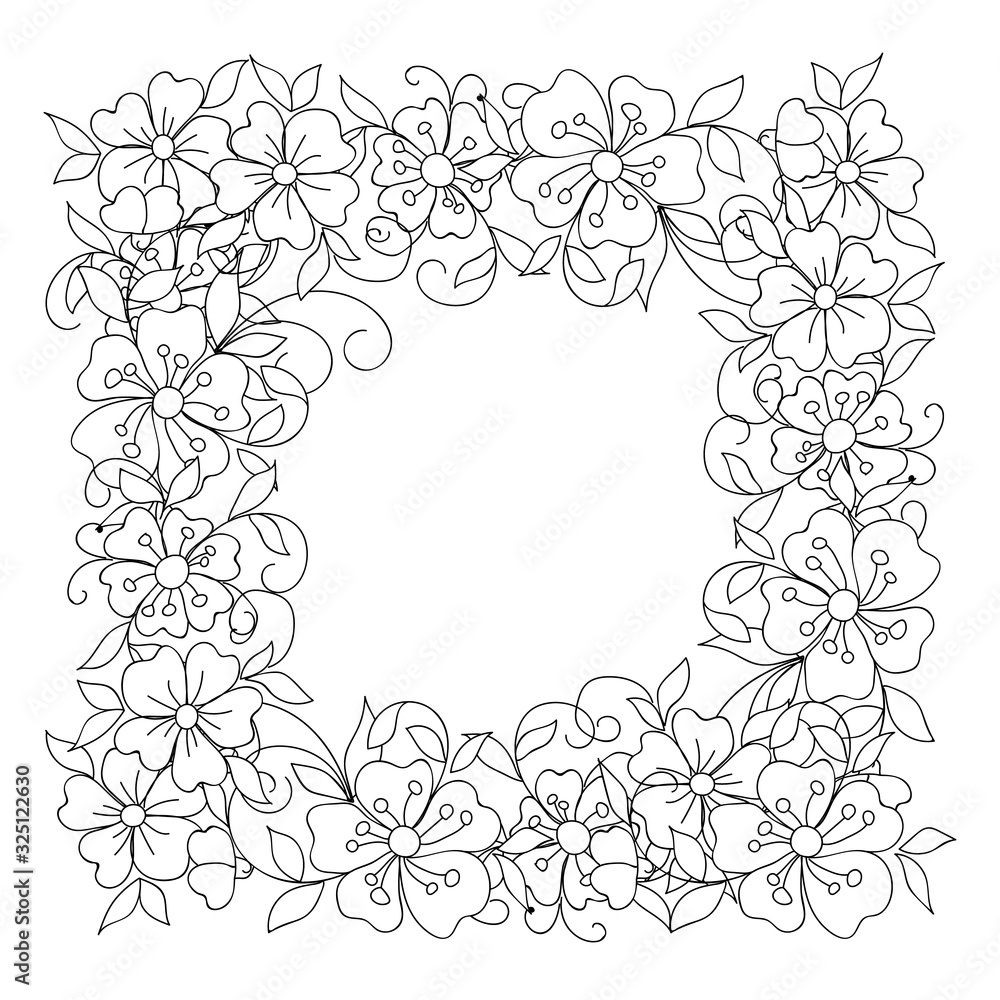 Doodle floral frame in black and white. Monochrome vector sketches with hand drawn flowers in folk style. Page for coloring book: very interesting and relaxing job for children and adults Doodle floral frame in black and white. Monochrome vector sketches with hand drawn flowers in folk style. Page for coloring book: very interesting and relaxing job for children and adults