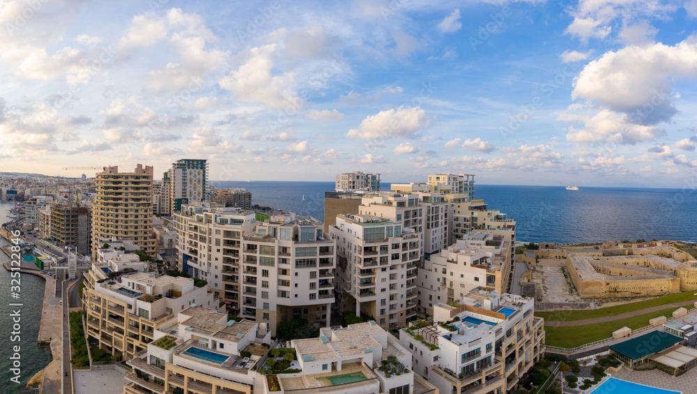 Valletta capital city of Malta. Panorama  Aerial view of Sliema district.