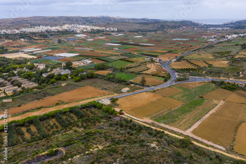 Aerial top drone shot of rural landscape of the island of Gozo Malta