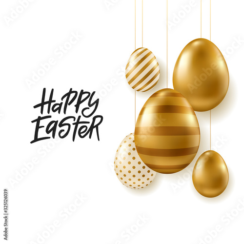 Vector Easter banner. Realistic golden eggs on white background. Happy Easter calligraphy.