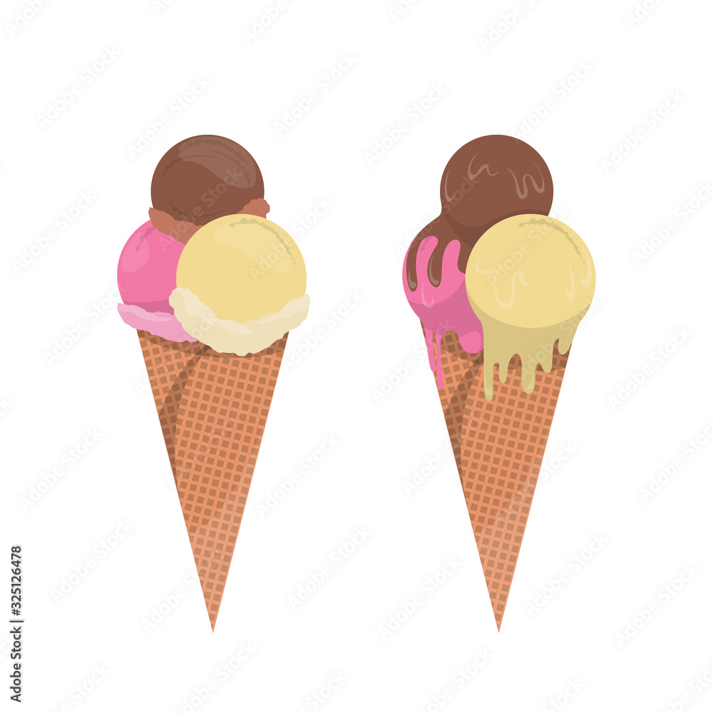 Colorful ice cream in waffle cone, melted ice cream, vector illustration on white background, isolated Colorful ice cream in waffle cone, melted ice cream, vector illustration on white background, isolated