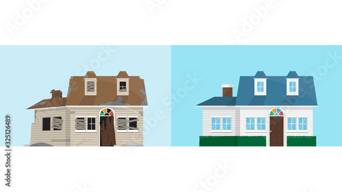 Old abandoned rundown house and new renovation house, comparison of house before and after, repair and renovate, vector illustration