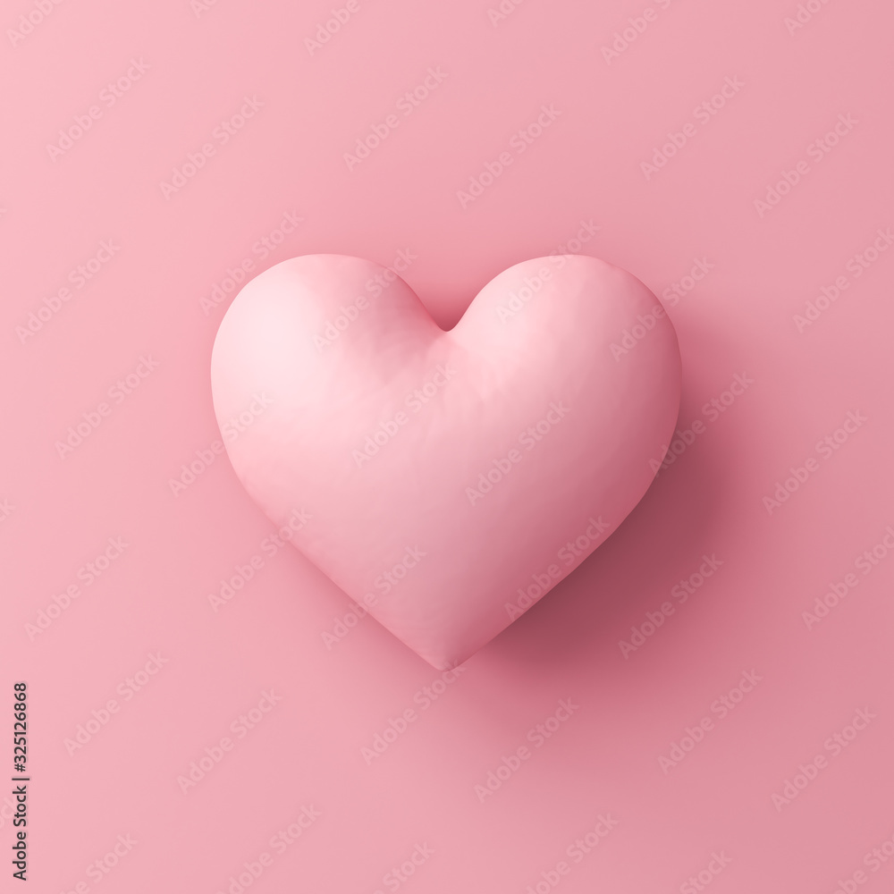 Pink heart isolated on pink pastel color background with shadow 3D rendering