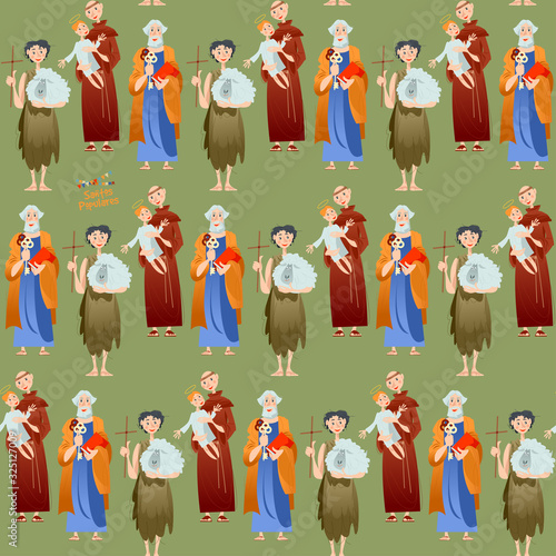 Portuguese festival “Santos Populares” (Popular Saints). Santo Antônio, São João, São Pedro (Saint Anthony, Saint John, Saint Peter). Seamless background pattern.