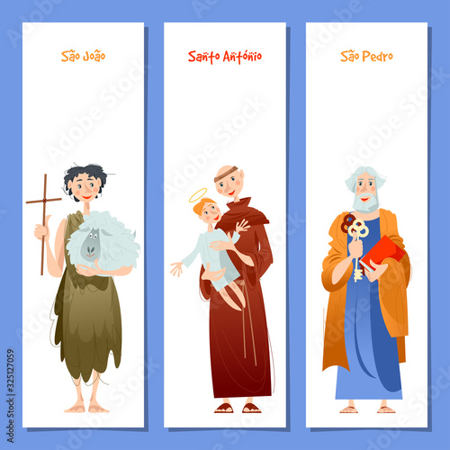 Set of 3 universal greeting cards  and bookmarks with Saint Anthony, Saint John, Saint Peter (Santo Antônio, São João, São Pedro). Template.