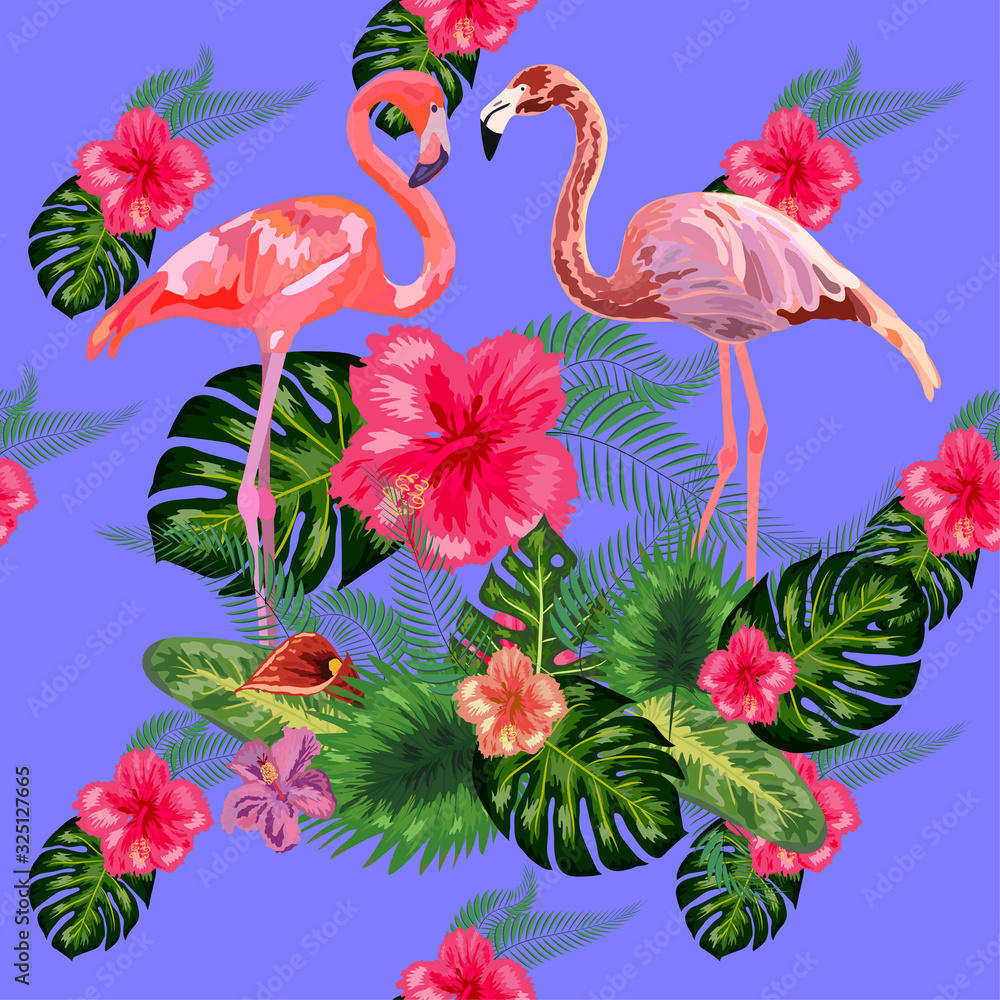 Obraz premium Seamless graphic pattern of flamingos in love among the trees
