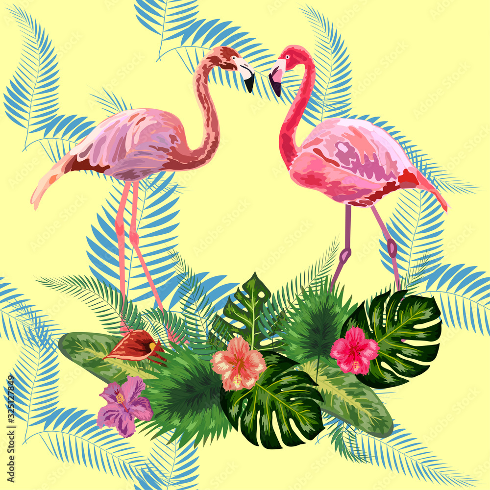 Seamless graphic pattern of flamingos in love among the trees Seamless graphic pattern of flamingos in love among the trees
