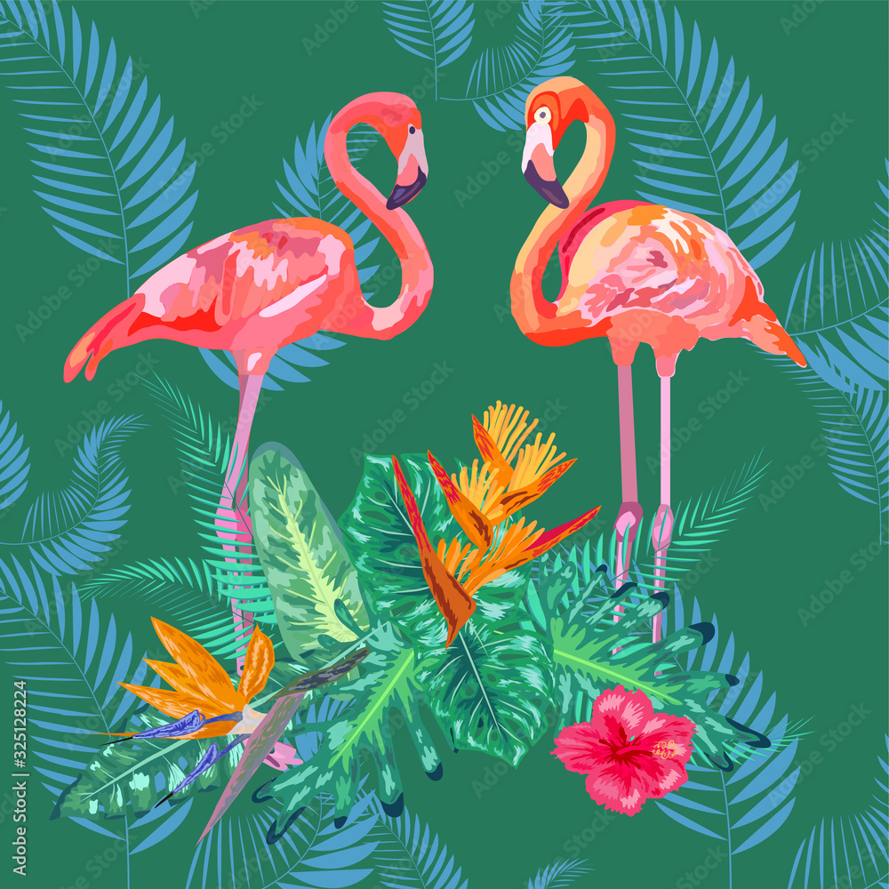 Obraz premium Pink flamingos, tropical flowers and jungle leaves, hibiscus, pink lotus. Beautiful seamless floral jungle pattern background