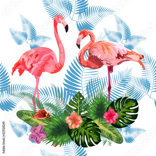 Pink flamingos, tropical flowers and jungle leaves, hibiscus, pink lotus.