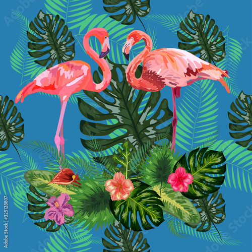 Beautiful seamless floral pattern background with pink flamingos, tropical flowers. Abstract geometric texture