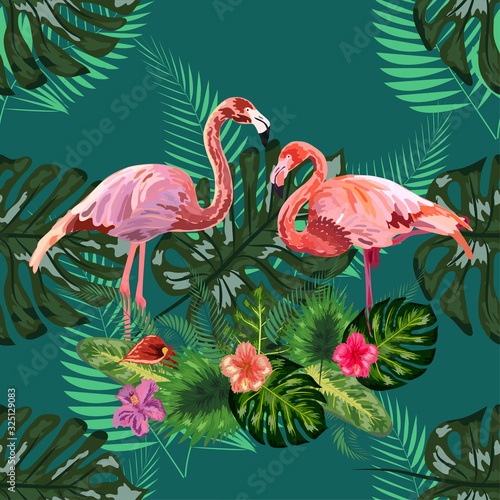 Beautiful seamless floral pattern background with pink flamingos, tropical flowers. Abstract geometric texture