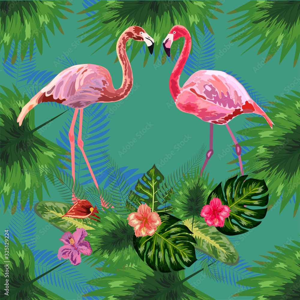 Obraz premium Beautiful seamless floral pattern background with pink flamingos, tropical flowers. Abstract geometric texture