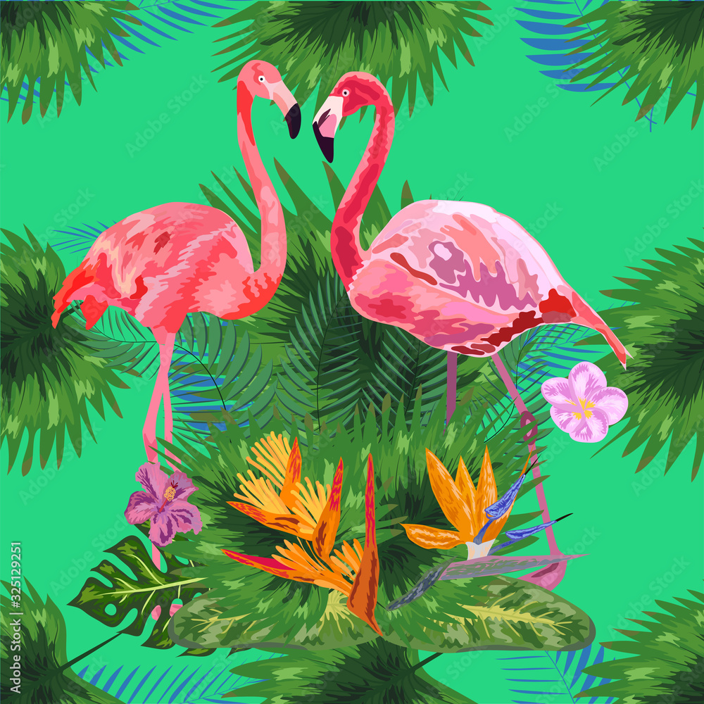 Fototapeta premium Tropical trendy seamless pattern with pink flamingos and mint green palm leaves.