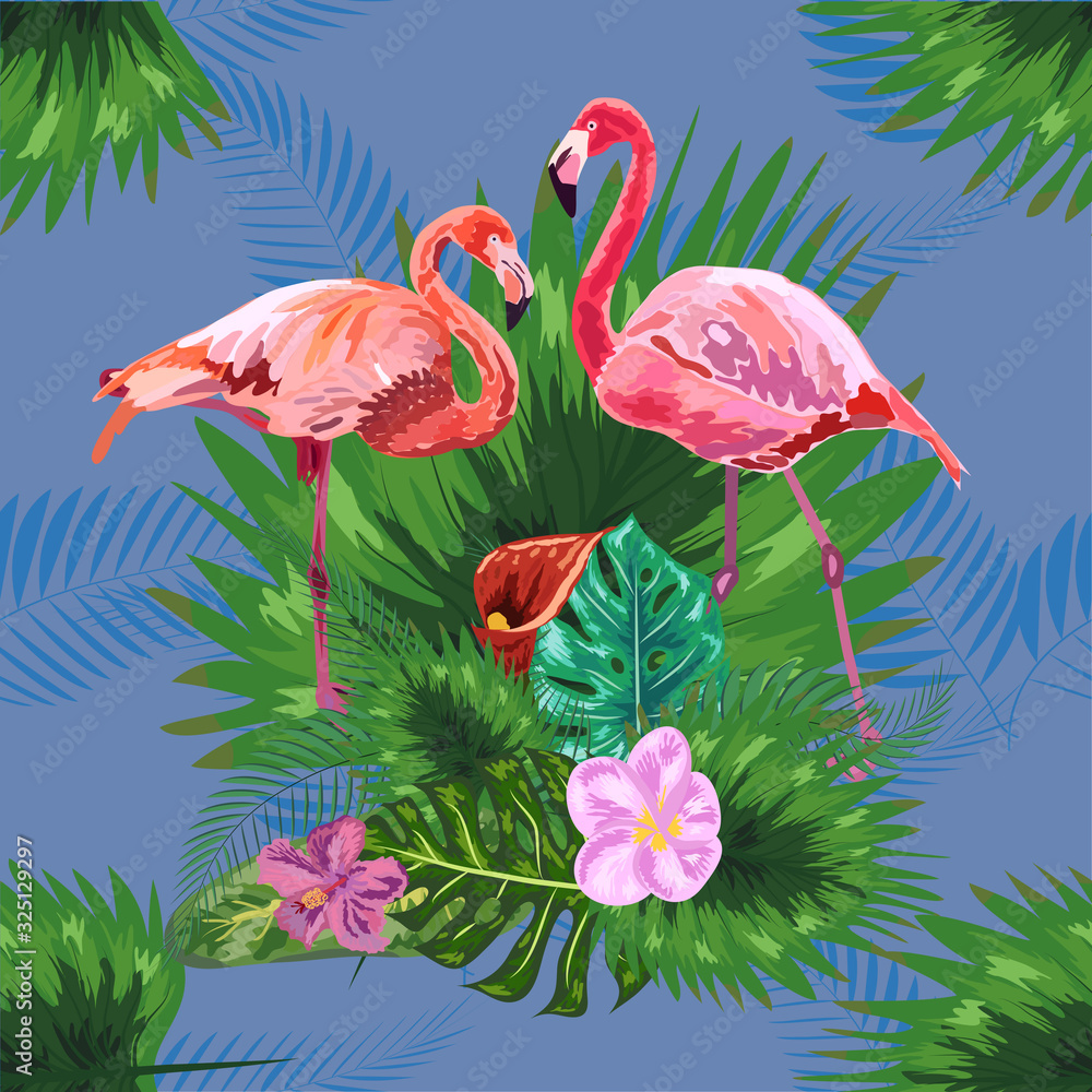 Naklejka premium Tropical trendy seamless pattern with pink flamingos and mint green palm leaves.