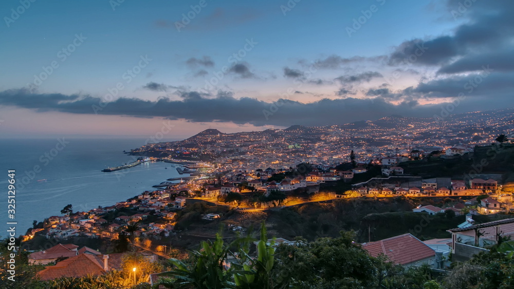 After sunset panoramic view to Funchal, Madeira, Portugal timelapse