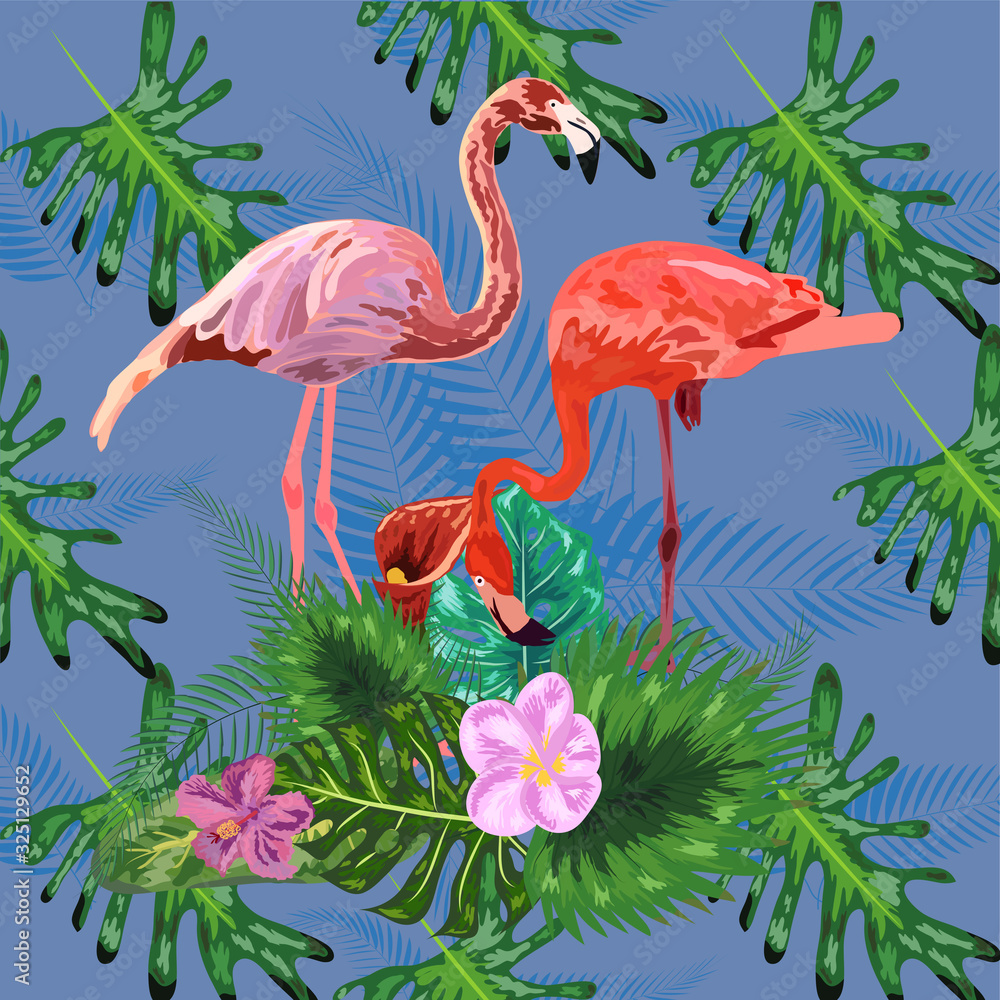 Fototapeta premium Tropical trendy seamless pattern with pink flamingos and mint green palm leaves.
