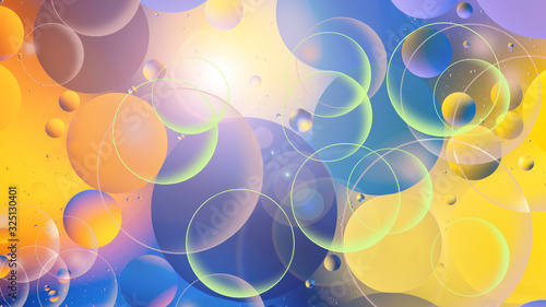 photo, bright oily drops in water with colorful background, close-up