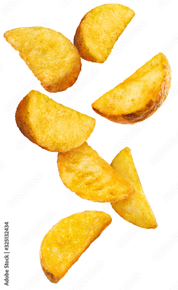 Flying fried potato wedges, isolated on white background