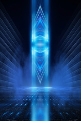 Dark background with lines and spotlights, neon light, night view. Abstract blue background.