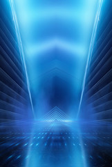 Dark background with lines and spotlights, neon light, night view. Abstract blue background.