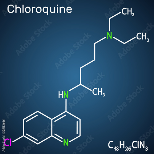 Chloroquine, chloraquine, aminoquinoline, C18H26ClN3 molecule. It is used for the treatment of malaria, hepatic amoebiasis, lupus erythematosus, rheumatoid arthritis, 2019-ncov. Dark blue background