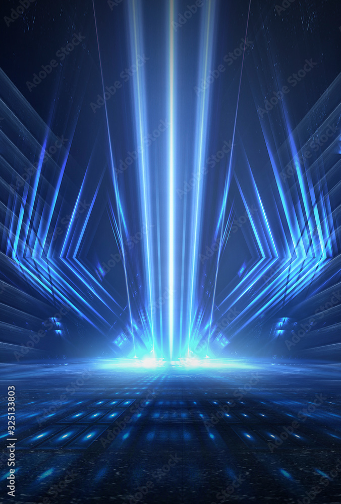 Dark background with lines and spotlights, neon light, night view ...