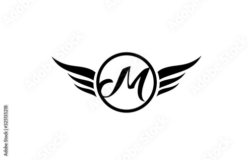 black and white M wing wings alphabet letter logo icon with circle for company design and business