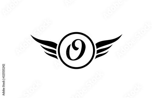 black and white O wing wings alphabet letter logo icon with circle for company design and business