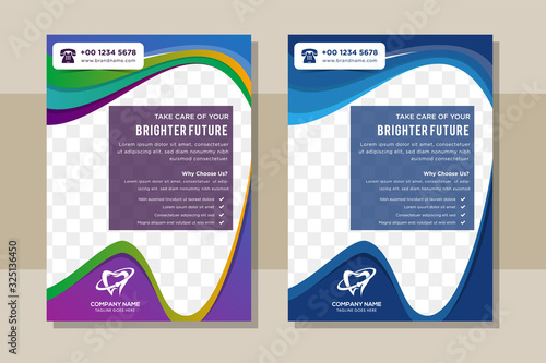 Dental document templates with tooth shape for space of photo or picture.  Brochure dental stomatology design template cover flyer size A4 tooth symbol.  Modern Business Medical Flyer green and blue i