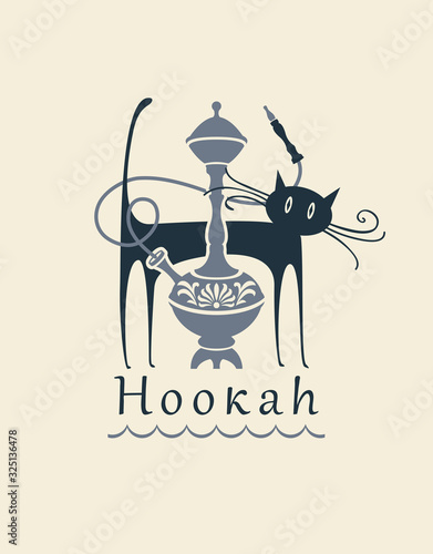 Vector banner, logo or business card for restaurant or cafe with Oriental cuisine and hookah. Illustration with a hookah and a black cat in a flat style